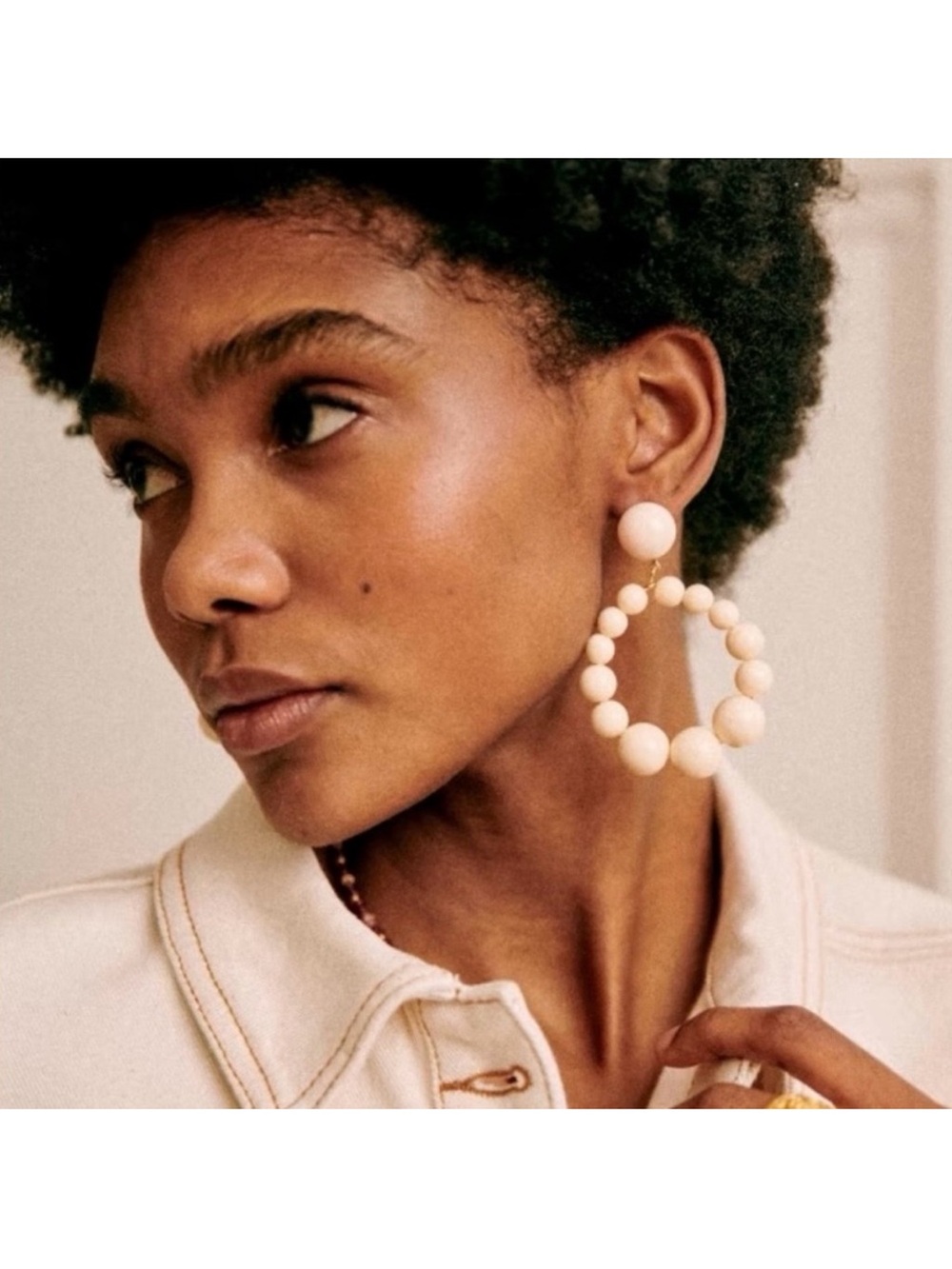 Sezane Charlie Hoop Statement Earrings Beaded Cream Ecru Oversized Resin Rare
